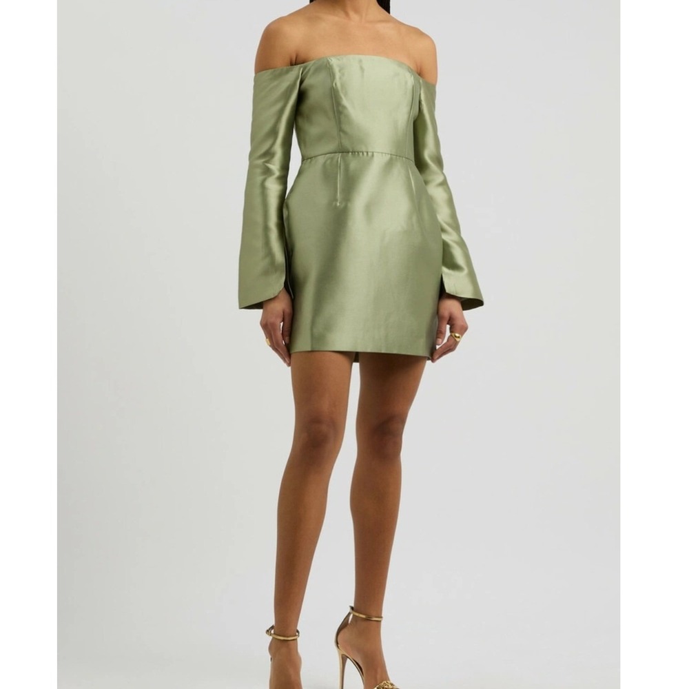 Odd Muse Ultimate Muse Tulip Skirt Mini Dress Green Satin Off Shoulder NEW SZ M